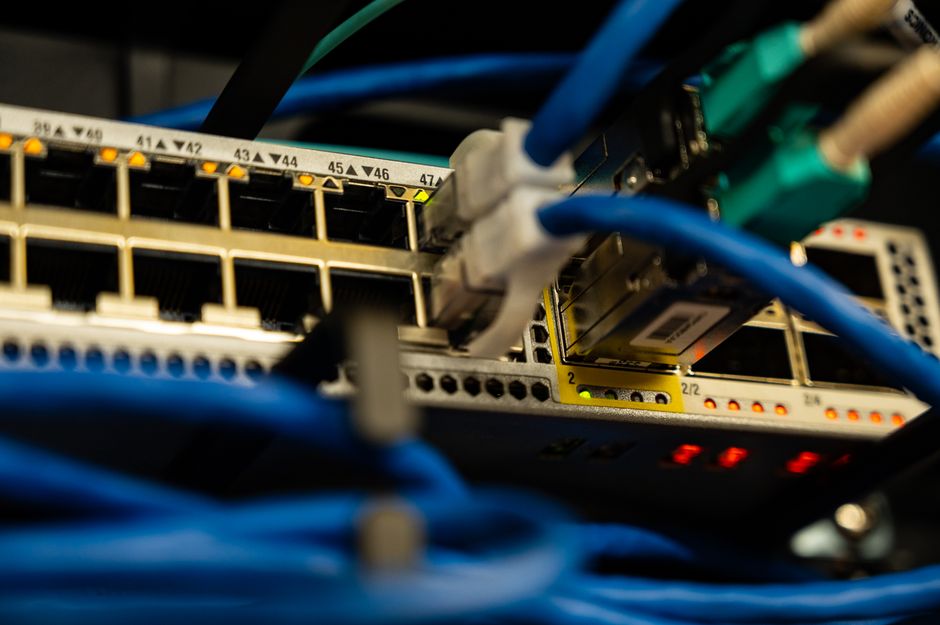 Imagen en primer plano de cables ethernet conectados a un switch de red, que muestra la infraestructura de TI.